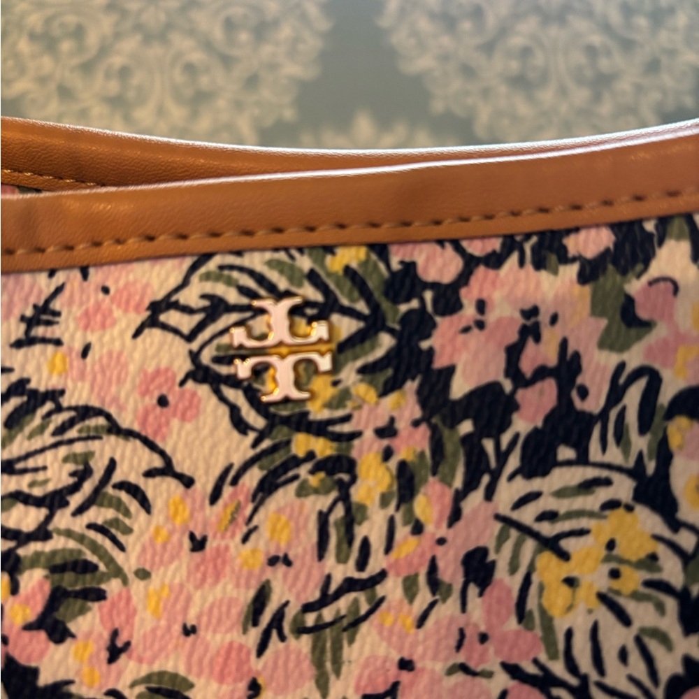 Tory Burch Pink Floral Canvas Tote with Tan Leather Handles and Gold Charm - Picture 5 of 6